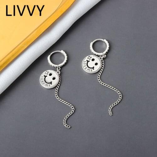 LIVVY Silver Color Smiling Face Hoop Earrings Asymmetric Chain Tassel Thai Silver Earrings For Women 2021 Trend
