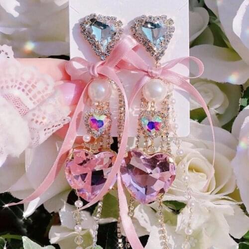 Korean Luxurious Crystal Love Heart Drop Earrings for Women Fashion Chain Rhinestone Tassel Pendientes Bow Jewelry Gifts