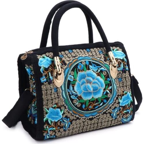 THINKTHENDO New Women Floral Embroidered Handbag Ethnic Boho Canvas Shopping Tote Zipper Bag National style Flower Print Bag