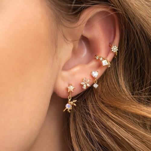 High Quality 100% 925 Sterling Silver Micro Pave Clear CZ Star Heart Lovely Animal Dangle Earring Gold Color For Girl Wholesale