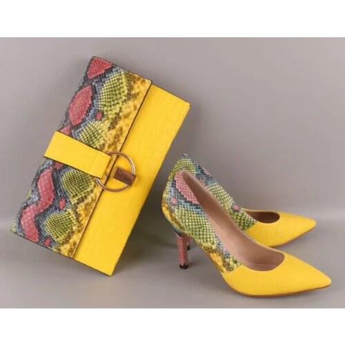 Yellow Shoes Snake Printed Leather with women bag set ,women shoes pumps With Matching Clutch Bags Sets 36-43 hot selling A93-1