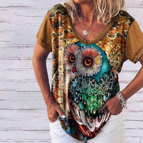 2021 Summer Cut Owl Print V Neck Short Sleeve Casual T-shirt Women Cartoon Cotton Blend Loose Tops