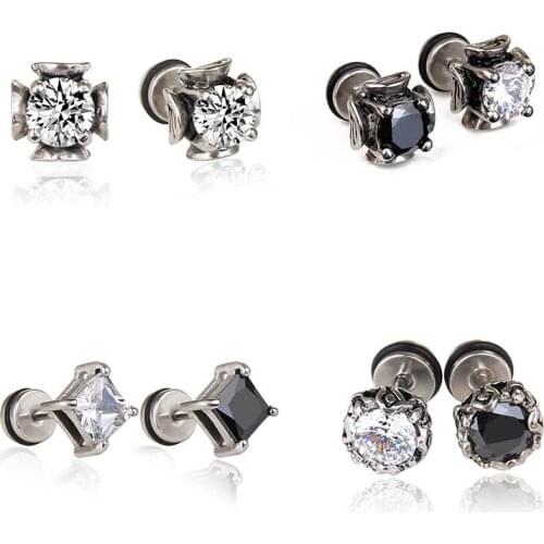 Fashion Stainless steel Round Square Zircon Earrings For Women Girls Hip Hop Screw Stud Ear Jewelry Birthday Gifts
