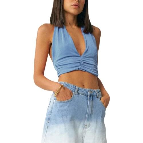 Women’s Fashion Solid Color Vest Sexy Halter Bandage V-neck Exposed Navel Camisole Fold Corset Top