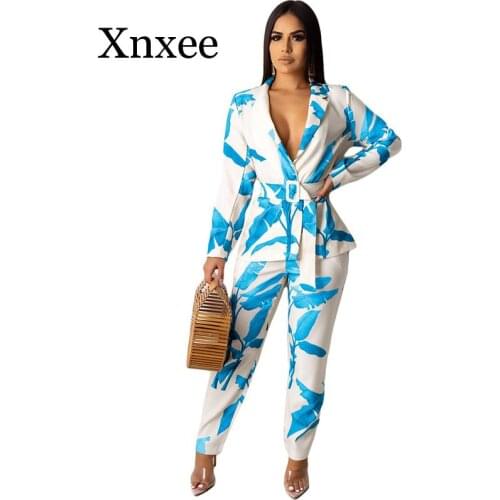 Womens Office Lady Two Piece Sets Work OL Business Elegant Notched Collar Blazer Top and Pant Suits Leaf Print 2 Piece Outfits
