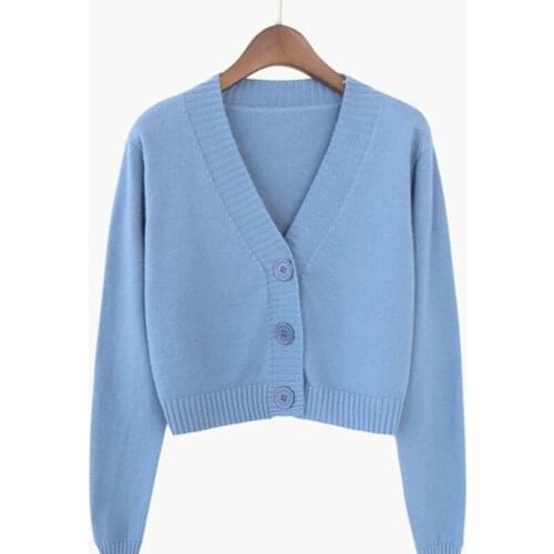 Women Fashion Long Sleeve V-neck Solid Knitted Cardigans Short Button Crop Top Casual Sweater Mujer Clothing 2021 Autumn