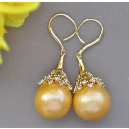 Z10940 15mm Gold Round Edison Keshi Pearl Dangle Earring CZ
