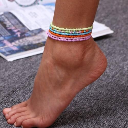 ZOSHI 7Pcs/Set Candy Color Beads Anklet Bracelet for Women Foot Ankle Jewelry Colorful Elastic Chain Anklets Bohemian Jewelry
