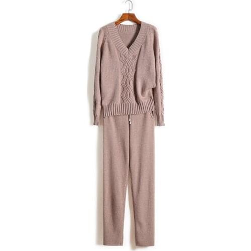 2020 Drawstring Wool Fiber Full Cashmere Knit Suit Two-piece New Fashion V-neck Loose Sweater Trousers Two Piece Outfits