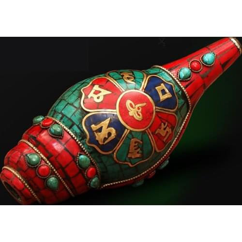 Decorative Handmade Nepal Tibetan Silver Old 6" Rare Old Tibet Buddhism Bronze Inlay Turquoise Coral Conch Shell Trumpet Horn