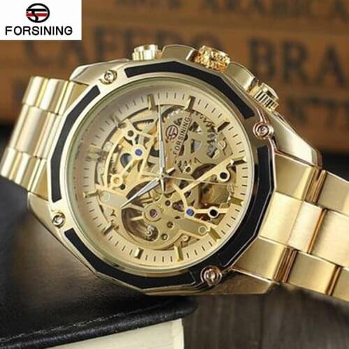 Forsining 2017 New Collection Transparent Case Golden Stainless Steel Automatic Luxury Design Men Watch Top Brand Skeleton Watch