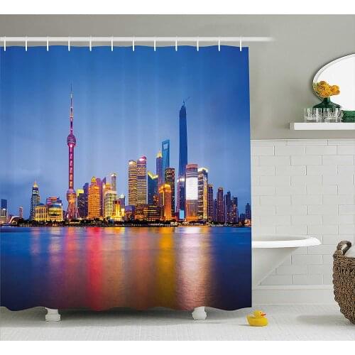 Urban Shower Curtain City Skyline of Shanghai China on Huangpu River Dusk Famous Travel Destination Bath Curtains For Bathroom