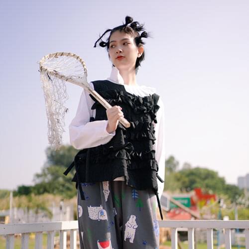 Imakokoni original Japanese design cotton-trimmed waistcoat womens bow top 202990