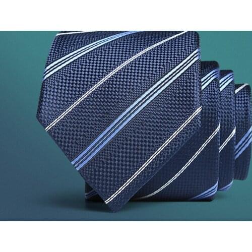 Classic men business formal wedding tie 7cm deep blue white stripe 2018 new arrivals neck tie fashion shirt dress accessories