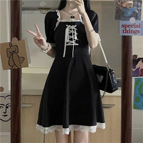 Japanese Lolita Sweet Mini Dress Streetwear Cute Black Mini Lace Bandage Gothic Dress Vintage Summer Harajuku Black Punk Dresses