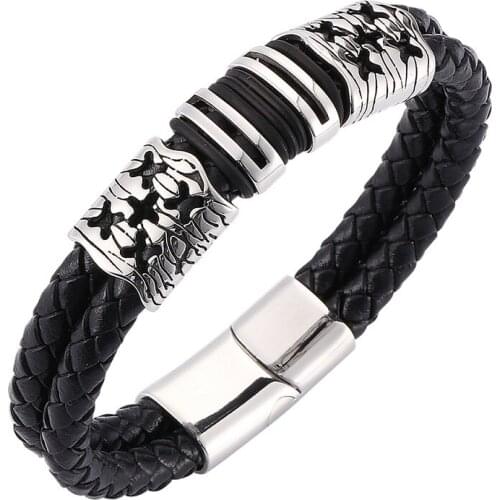Fashion Black Woven Leather Bracelet Men Women Stainless Steel Accessories Braided Magnetic Buckle Bangles Gifts