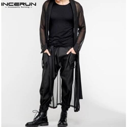INCERUN Fashion Mesh Men Long Shirt Transparent Open Stitch Cardigan Long Sleeve Sexy Cloak Casual Men Tops Streetwear Plus Size