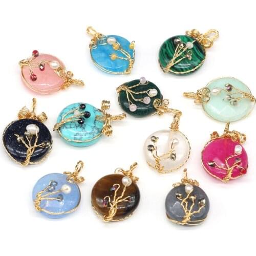 Natural Stone Pendant Tree Shape Copper Wire Wrapped Agates Quartz Crystal amethysts Stone Charm for DIY Jewelry Making Necklace
