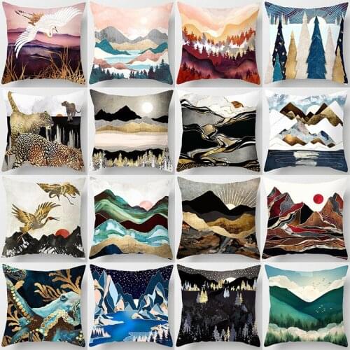 New Style Pillowcase Gilt Landscape Painting Series Pillowcase Car Lumbar Cushion Cover Throw Pillow Covers Decorative