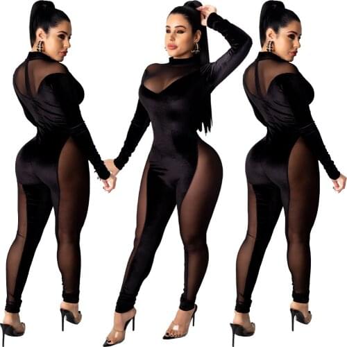 2021 Autumn Velvet Patchwork Women Jumpsuit Mesh Long Sleeve Sexy Club One Piece Rompers Skinny Outfit Woman Overalls
