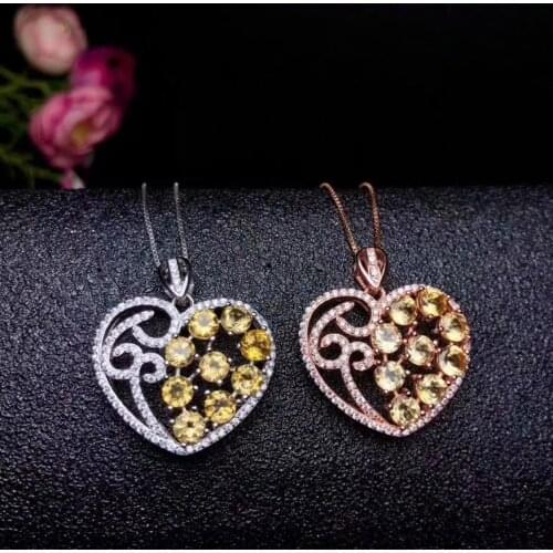 925 sterling silver inlaid natural yellow crystal necklace pendant round 4mm fortune yellow crystal Fashion style