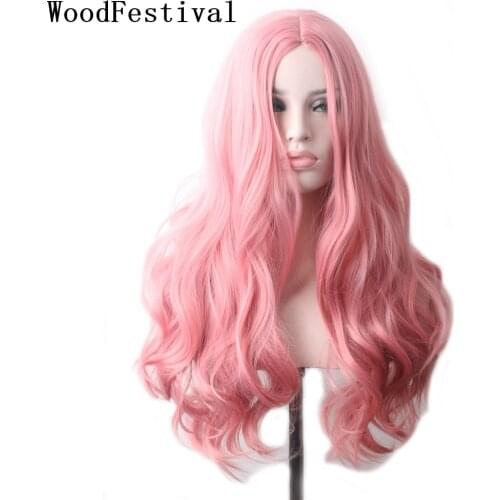 WoodFestival Synthetic Hair Wavy Long Pink Wig Colored Cosplay Wigs For Women Red Brown Blue Black Purple Green Burgundy Grey