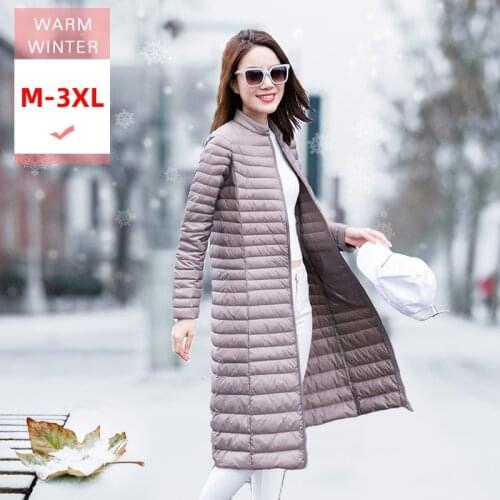 Women X-Long Down Slim Jacket Female Ultra Light Stand Collar Warm Casual Zipper Feather Coat White Duck Down Windproof Outwear