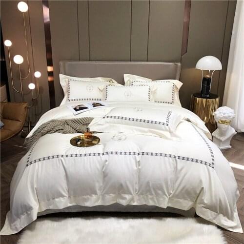 Luxury White Champagne Blue 100S Australian Cotton Bedding Set Chic Embroidery Duvet Cover Flat/Fitted Bed Sheet Pillowcases
