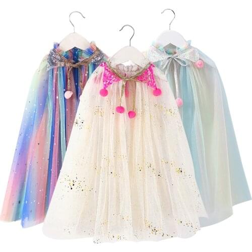 Christmas One Size Girls Cloak Sequined Ball Tull Shawl Kids Dress Out Coat Birthday Party Beach Rainbow Wrap Princess Costume