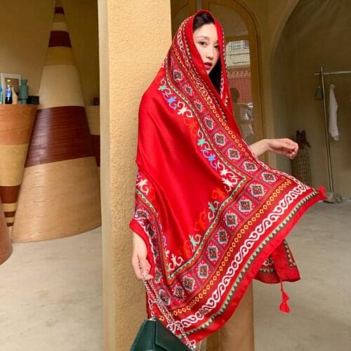 Women Luxury Ethnic Shawl Scarf Beach Desert Sunscreen Silk Scarves Red Big Bandelet Female Travel Photo Dual-use Sunshade Coat