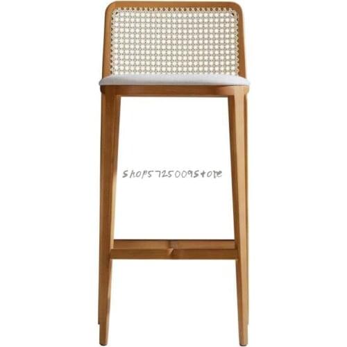 Modern Chinese solid wood bar stools and rattan backrest bar chairs Nordic light luxury bar chairs high stools household high ch