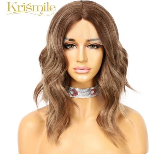 Dark Brown Roots Ombre Light Brown Synthetic Lace Wigs Short Wave T Middle Part Wig Daily for Women Make Up Heat Resistant