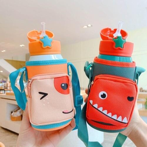 600ml Cute Cartoon Animal Dinosaur Flamingo Penguin Bear Rabbit Stainless Steel Vacuum Flask With Straw Baby Feeding Thermos Cup