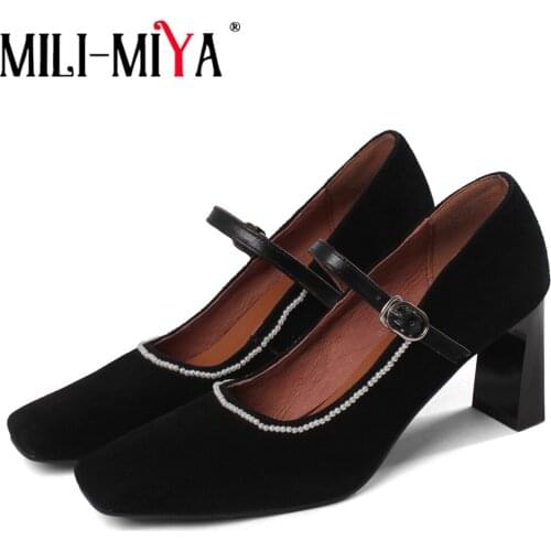 MILI-MIYA Fashion Women Kid Suede Pumps Buckle Strap Square Toes Thick Heels Spring Autumn Dress Party Shoes Size 34-40