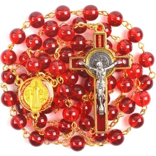 Vintage Fashion Christian Religious Jewelry Catholic St Benedict Centerpiece Red Glass Beads Cross Rosary Necklace