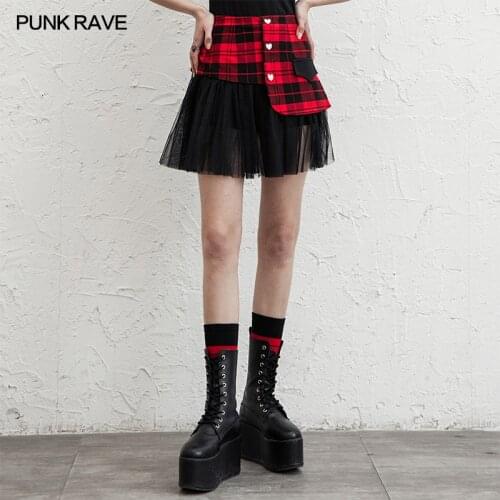 PUNK RAVE Womens Punk Style Hell Girl Mesh Stitched Grid Mini Pant Skirt Asymmetrical A-LINE Fashion Casual Short Skirts