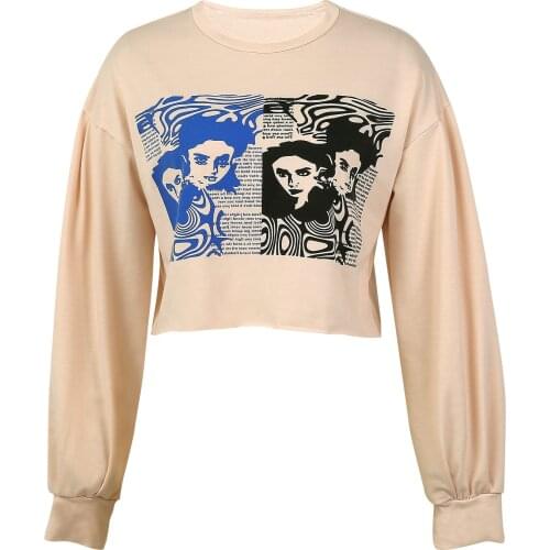 Women Casual Short T-shirt, Adults Figure Print Long Sleeve Round Neck Pullover (Khaki, Red)