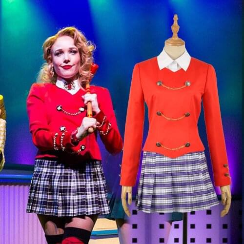 Heathers The Musical Rock Chandle Stage Cosplay Costume XS-XL Adult Women Uniform Top Skirt Dress Concert Red Outfit in Stock