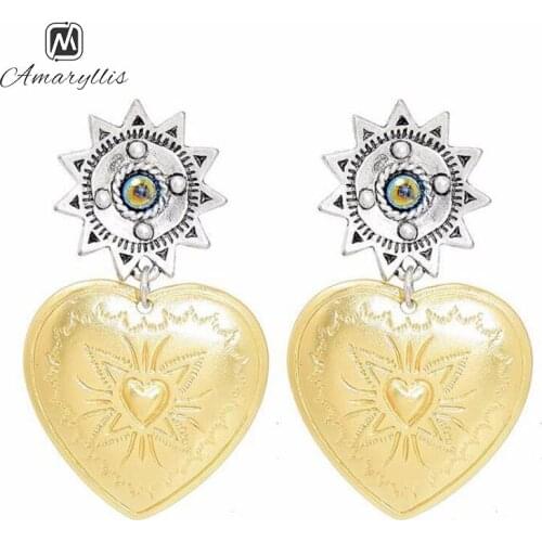 Amaiyllis Vintage Gold Silver 2 Colors Mix love Heart Pendant Studs Earrings For Women Chunky Alloy Geo Statement Post Earrings