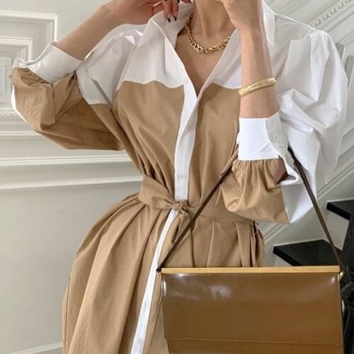 Khaki Patchwork Dress Woman Button Up Autumn New Vintage Elegant Dress Vestidos Mujer Business Runway Korean Chic Long Dresses