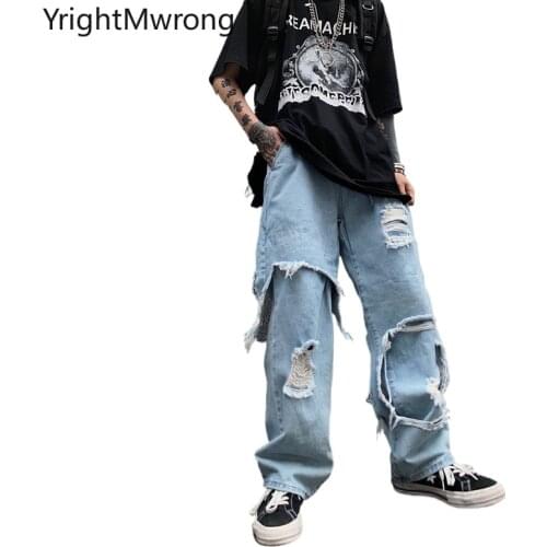 Japanese Ripped Hole Denim Pant Harajuku Streetwear Hip Hop Woman Man Plus Baggy Loose Straight Black Blue Jeans Punk Tracksuit