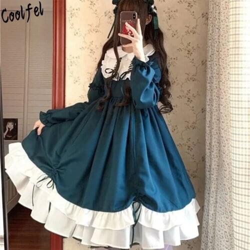COOLFEL Vintage Sweet Lolita Dress Gothic Ruffles Bow Knot Solid Color Victorian Dress Cosplay Lolita Dress