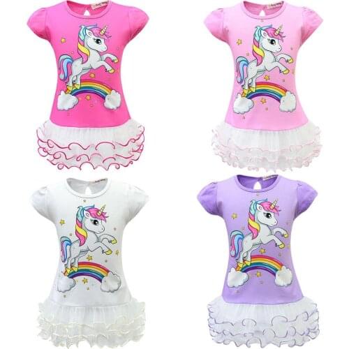 2020 Girls Dressse For Baby Girls Summer Dress Children Unicorn Cute Princess Party Dress Kids Short Sleeve Birthday Dresses