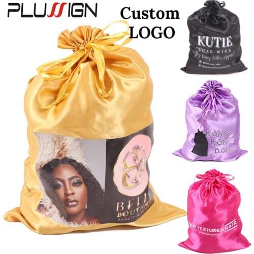 Customize Logo Wig Hair Extension Storage Bag Black Pink Silk Satin Bag With Drawstring Gift Hair Bundles Packaging Bags 25*35CM