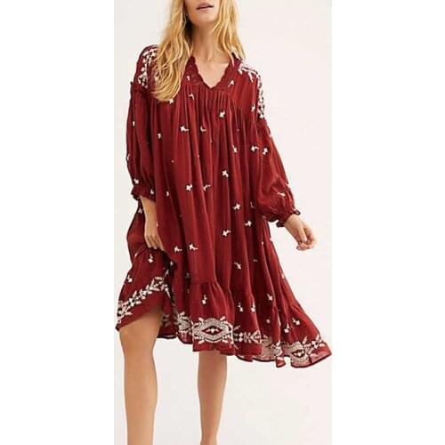 KHALEE YOSE Lavender Field Midi Dress Floral Embroidered Boho Women Dress Vintage Loose Long Sleeve Beach Cotton Tunic Dress