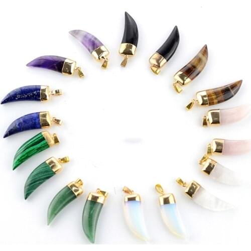 Natural Stone Pendant Rose Crystal Pink Quartz Agata Lapis Lazuli Opal Moonstone DIY Horn Stone Pendants 13*40mm