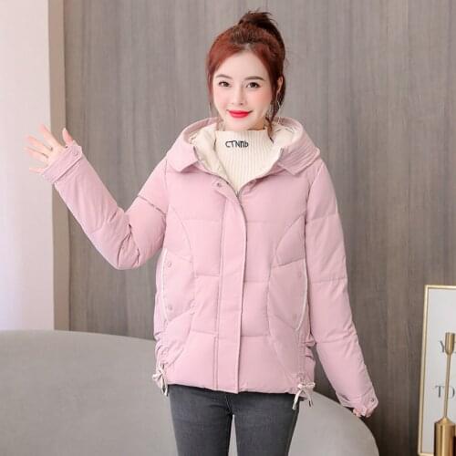 Fad Korean Style Solid Short Jacket for Woman Casual Loose Ladies Coat Hooded Warm Female Parkas with Pockets for Women Outwear
