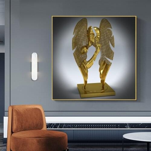 Metal Figure Statue Art Prints Painting on Canvas Gold Sculpture Posters and Prints Wall Art Picture for Living Room Home Decor