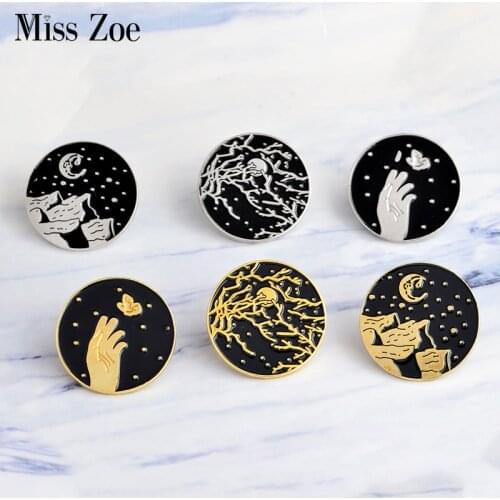 Miss Zoe Catch Butterfly Branches Night moon mountain Enamel Pins set Brooch Punk dark Denim coat Pin Black Shirt Badge Gift