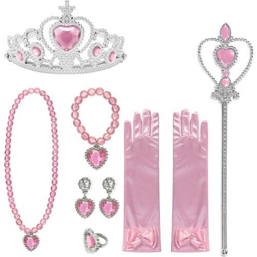 VOGUEON Girls Belle Sofia Elsa Aurora Princess Accessories Magic Wand Crown Necklace Gloves Rings Earrings Set Children Dress UP